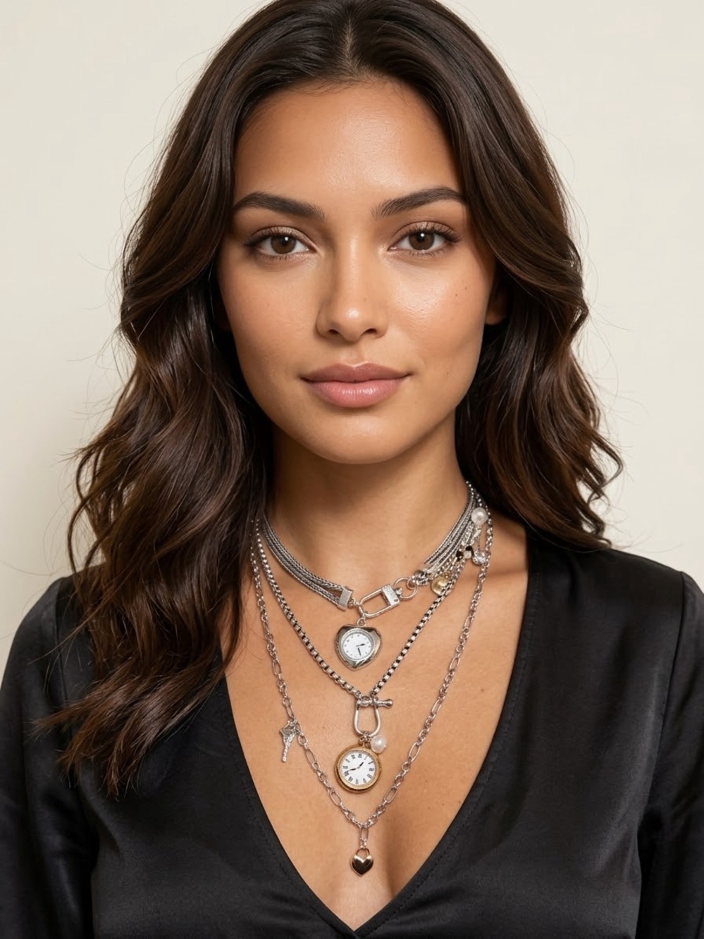 Layered Silver Heart & Watch Pendant Necklace Set